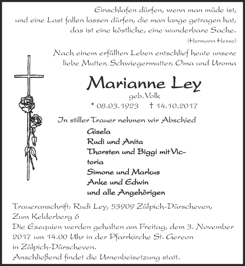  Traueranzeige für Marianne Ley vom 28.10.2017 aus  Blickpunkt Euskirchen 