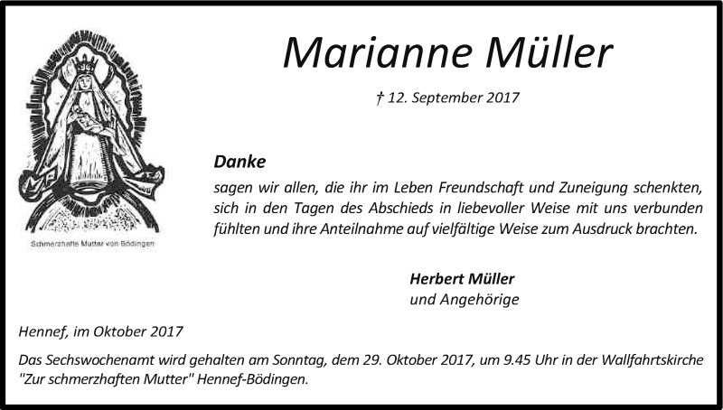  Traueranzeige für Marianne Müller vom 13.10.2017 aus Kölner Stadt-Anzeiger / Kölnische Rundschau / Express