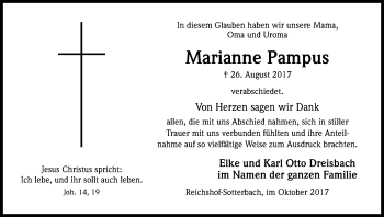 Anzeige von Marianne Pampus von Kölner Stadt-Anzeiger / Kölnische Rundschau / Express