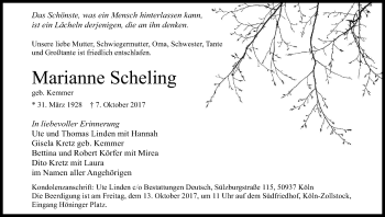 Anzeige von Marianne Scheling von Kölner Stadt-Anzeiger / Kölnische Rundschau / Express