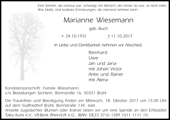 Anzeige von Marianne Wiesemann von Kölner Stadt-Anzeiger / Kölnische Rundschau / Express