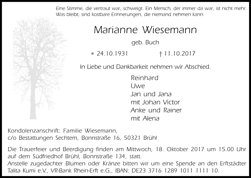  Traueranzeige für Marianne Wiesemann vom 14.10.2017 aus Kölner Stadt-Anzeiger / Kölnische Rundschau / Express