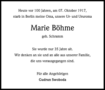 Anzeige von Marie Böhme von Kölner Stadt-Anzeiger / Kölnische Rundschau / Express