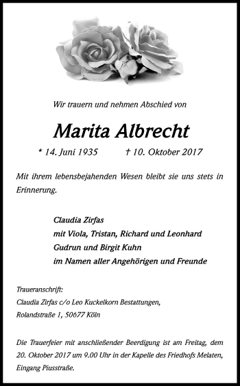 Anzeige von Marita Albrecht von Kölner Stadt-Anzeiger / Kölnische Rundschau / Express