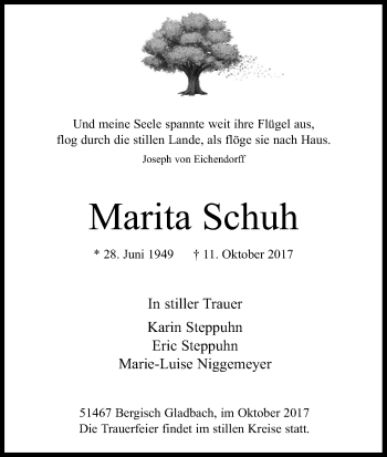 Anzeige von Marita Schuh von Kölner Stadt-Anzeiger / Kölnische Rundschau / Express
