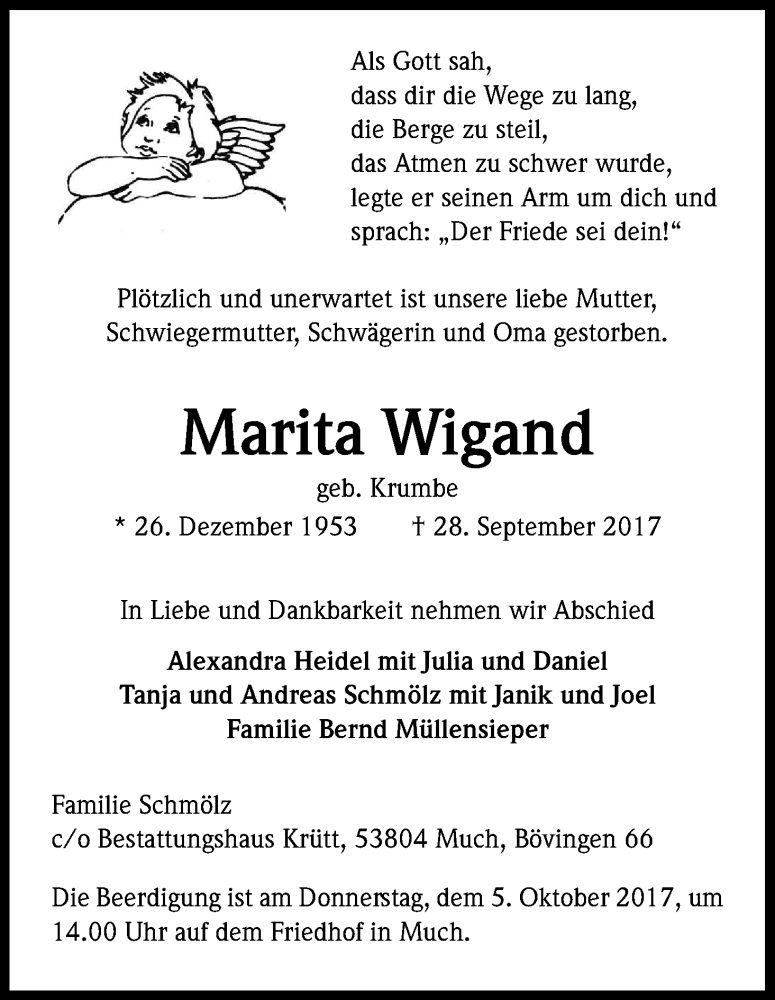  Traueranzeige für Marita Wigand vom 03.10.2017 aus Kölner Stadt-Anzeiger / Kölnische Rundschau / Express
