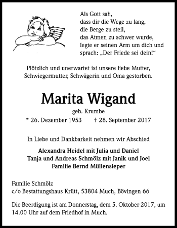 Anzeige von Marita Wigand von Kölner Stadt-Anzeiger / Kölnische Rundschau / Express