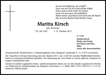 Anzeige von Maritta Kirsch von Kölner Stadt-Anzeiger / Kölnische Rundschau / Express