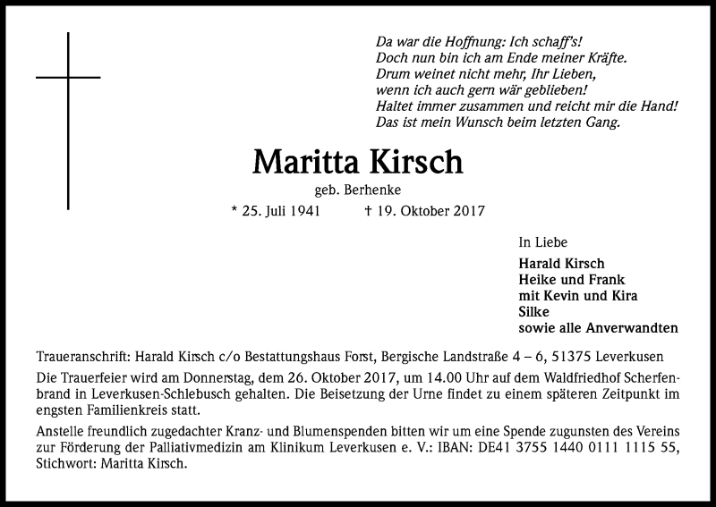  Traueranzeige für Maritta Kirsch vom 21.10.2017 aus Kölner Stadt-Anzeiger / Kölnische Rundschau / Express
