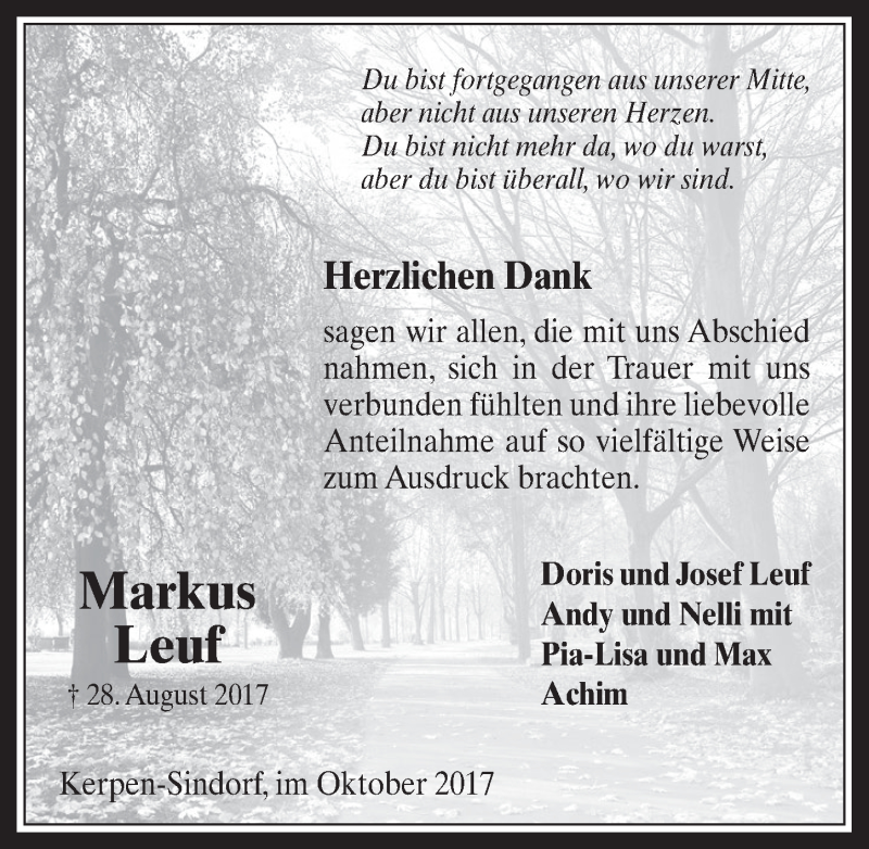  Traueranzeige für Markus Leuf vom 11.10.2017 aus  Werbepost 