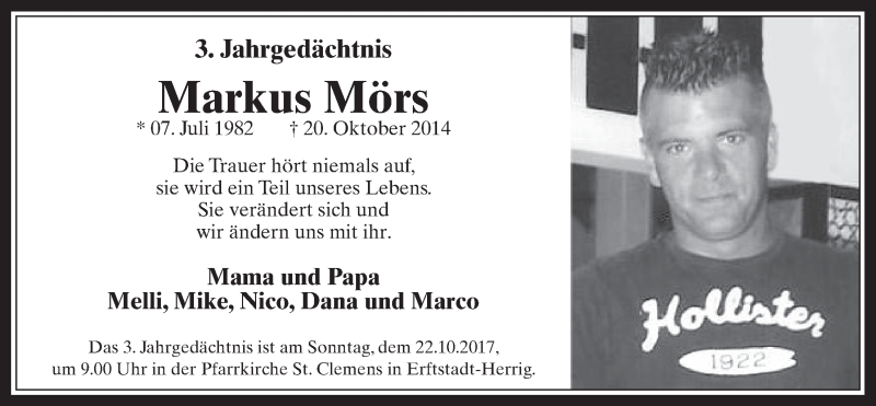  Traueranzeige für Markus Mörs vom 18.10.2017 aus  Werbepost 