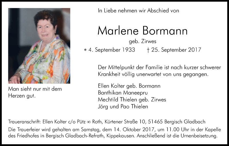  Traueranzeige für Marlene Bormann vom 07.10.2017 aus Kölner Stadt-Anzeiger / Kölnische Rundschau / Express
