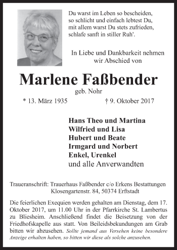Anzeige von Marlene Faßbender von  Sonntags-Post 
