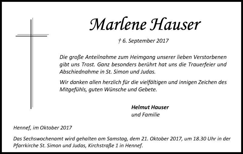  Traueranzeige für Marlene Hauser vom 14.10.2017 aus Kölner Stadt-Anzeiger / Kölnische Rundschau / Express