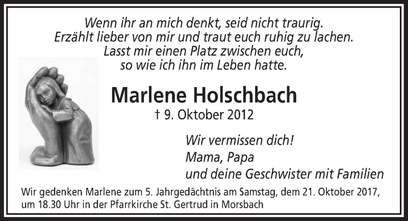  Traueranzeige für Marlene Holschbach vom 18.10.2017 aus  Lokalanzeiger 