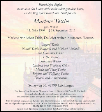 Anzeige von Marlene Tesche von Kölner Stadt-Anzeiger / Kölnische Rundschau / Express