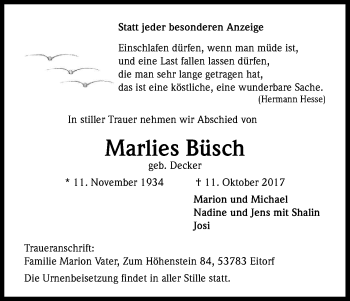Anzeige von Marlies Büsch von Kölner Stadt-Anzeiger / Kölnische Rundschau / Express