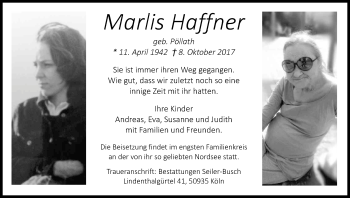 Anzeige von Marlies Haffner von Kölner Stadt-Anzeiger / Kölnische Rundschau / Express