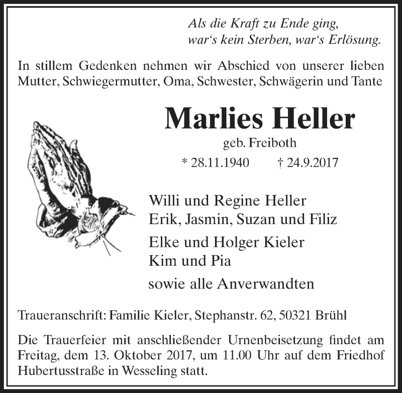 Traueranzeige für Marlies Heller vom 11.10.2017 aus  Kölner Wochenspiegel  Schlossbote/Werbekurier 