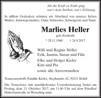 Anzeige von Marlies Heller von  Kölner Wochenspiegel  Schlossbote/Werbekurier 
