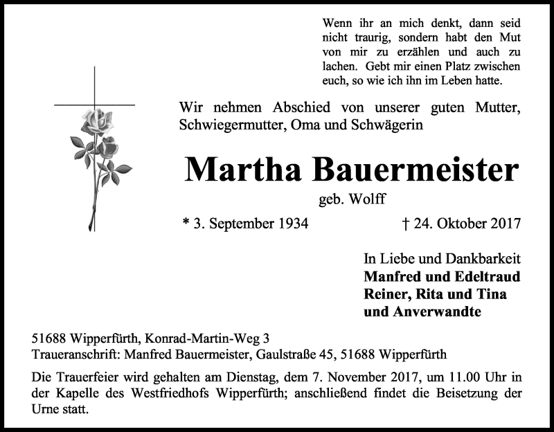  Traueranzeige für Martha Bauermeister vom 28.10.2017 aus Kölner Stadt-Anzeiger / Kölnische Rundschau / Express