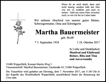 Anzeige von Martha Bauermeister von Kölner Stadt-Anzeiger / Kölnische Rundschau / Express