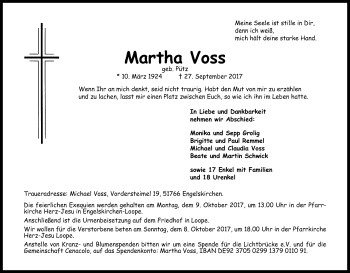Anzeige von Martha Voss von Kölner Stadt-Anzeiger / Kölnische Rundschau / Express