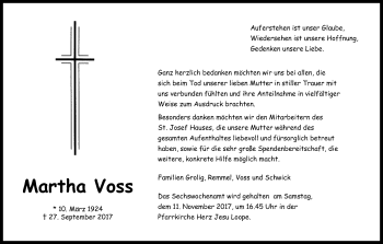 Anzeige von Martha Voss von Kölner Stadt-Anzeiger / Kölnische Rundschau / Express