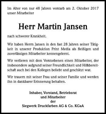 Anzeige von Martin Jansen von Kölner Stadt-Anzeiger / Kölnische Rundschau / Express