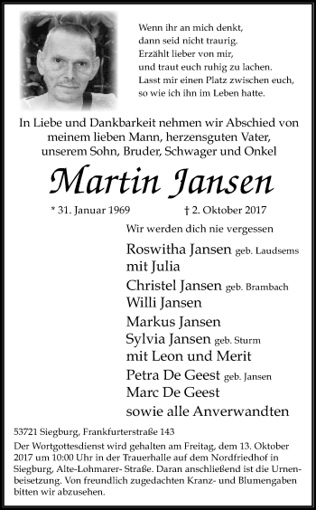Anzeige von Martin Jansen von Kölner Stadt-Anzeiger / Kölnische Rundschau / Express