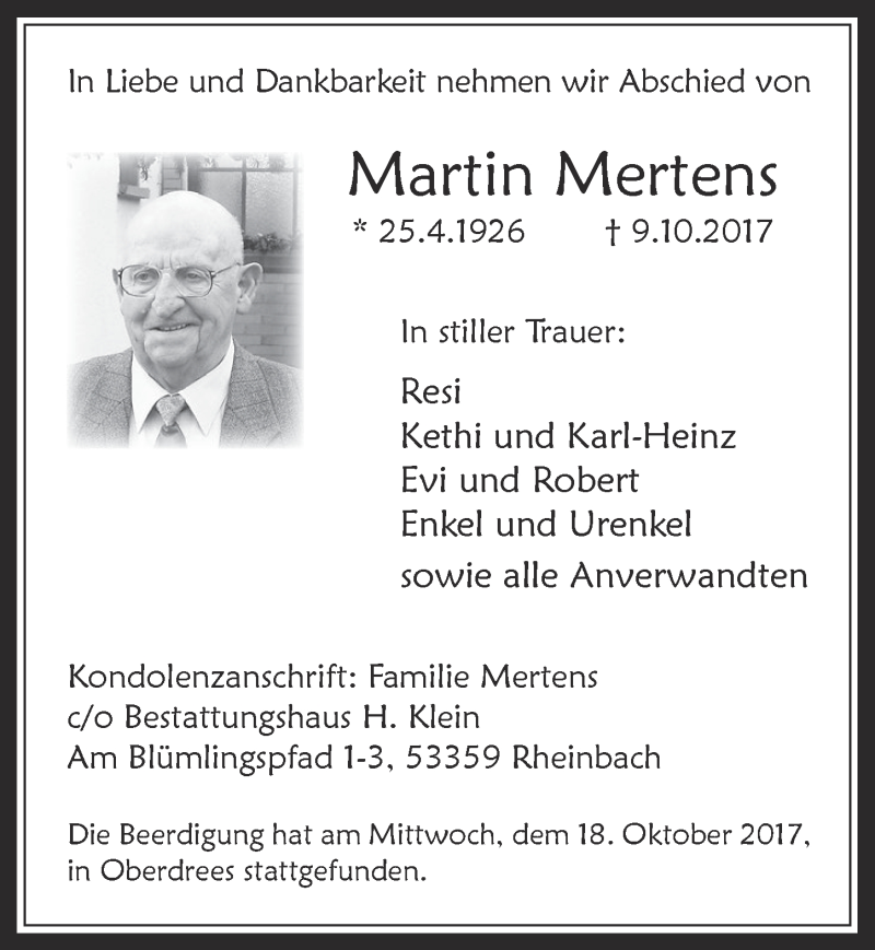  Traueranzeige für Martin Mertens vom 18.10.2017 aus  Schaufenster/Blickpunkt 