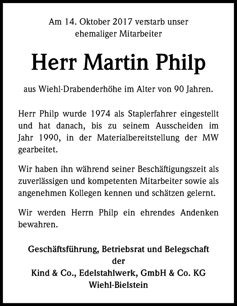  Traueranzeige für Martin Philp vom 20.10.2017 aus Kölner Stadt-Anzeiger / Kölnische Rundschau / Express