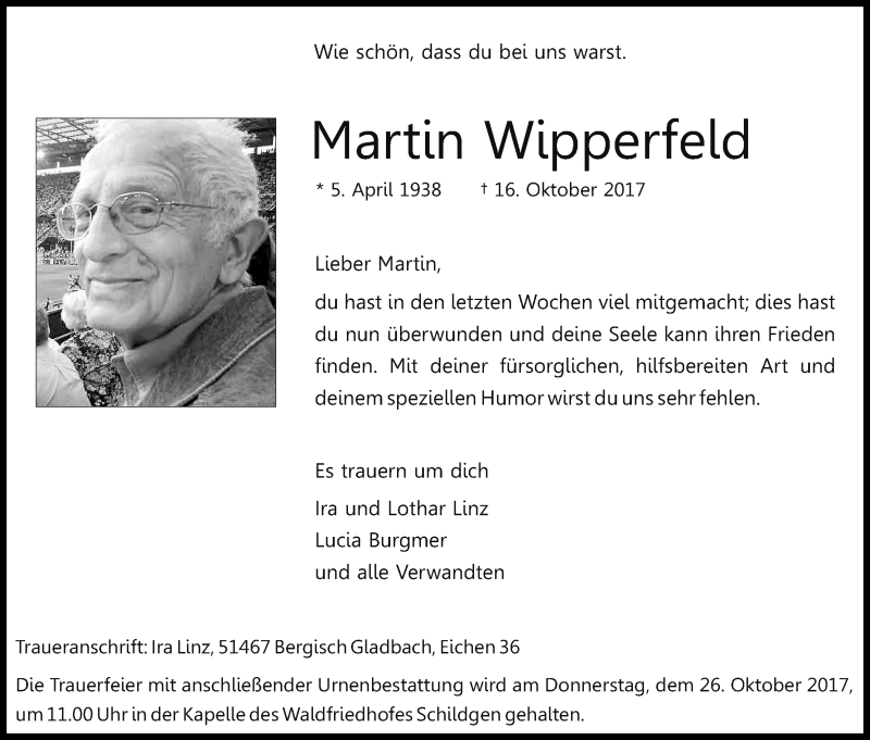  Traueranzeige für Martin Wipperfeld vom 21.10.2017 aus Kölner Stadt-Anzeiger / Kölnische Rundschau / Express