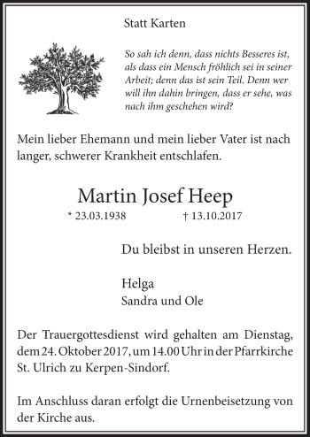 Anzeige von Martin Josef Heep von  Sonntags-Post 
