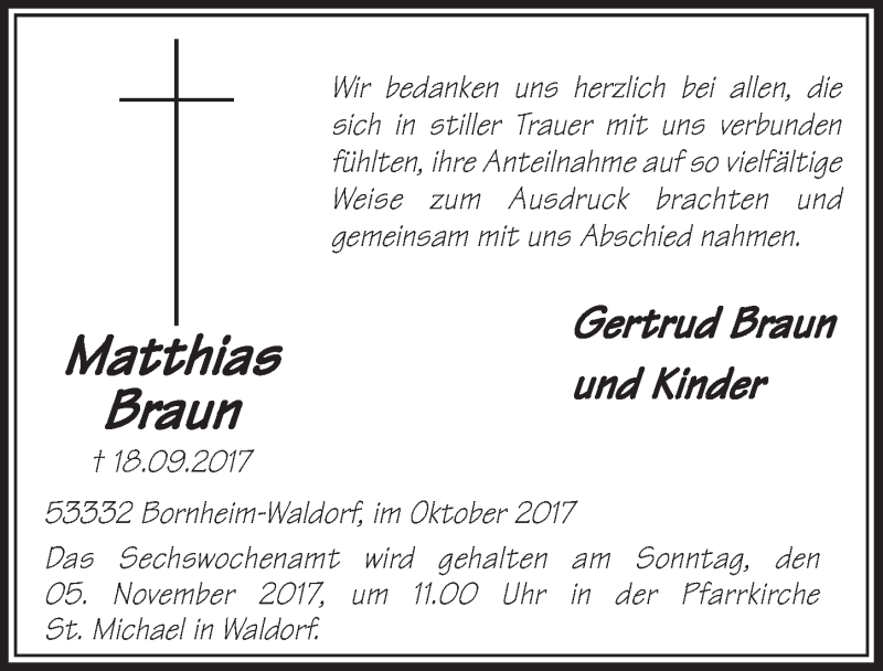  Traueranzeige für Matthias Braun vom 25.10.2017 aus  Schaufenster/Blickpunkt  Schlossbote/Werbekurier 