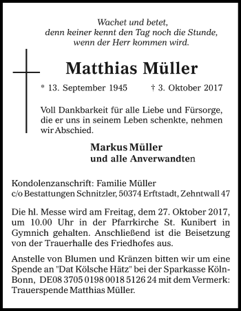 Anzeige von Matthias Müller von Kölner Stadt-Anzeiger / Kölnische Rundschau / Express