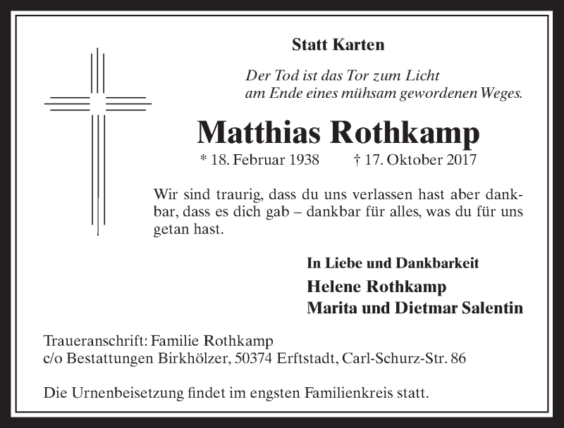  Traueranzeige für Matthias Rothkamp vom 25.10.2017 aus  Werbepost 