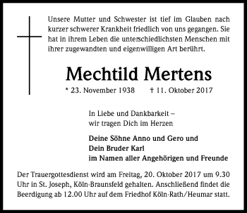 Anzeige von Mechtild Mertens von Kölner Stadt-Anzeiger / Kölnische Rundschau / Express