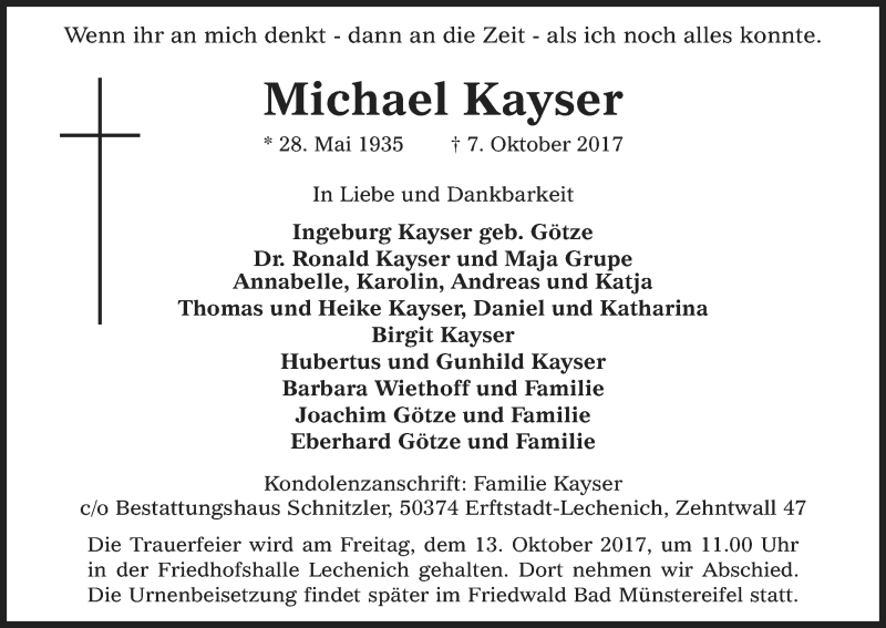  Traueranzeige für Michael Kayser vom 10.10.2017 aus Kölner Stadt-Anzeiger / Kölnische Rundschau / Express