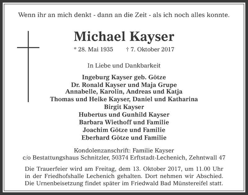  Traueranzeige für Michael Kayser vom 11.10.2017 aus  Werbepost 