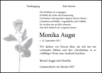 Anzeige von Monika Augst von  Anzeigen Echo  Lokalanzeiger 