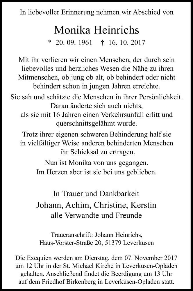  Traueranzeige für Monika Heinrichs vom 28.10.2017 aus Kölner Stadt-Anzeiger / Kölnische Rundschau / Express