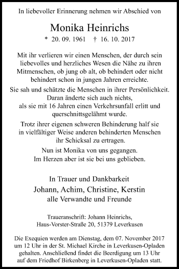 Anzeige von Monika Heinrichs von Kölner Stadt-Anzeiger / Kölnische Rundschau / Express