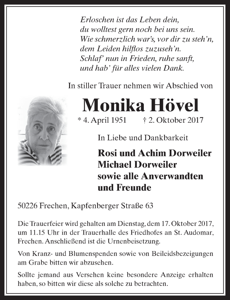  Traueranzeige für Monika Hövel vom 11.10.2017 aus  Wochenende 