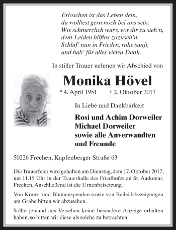 Anzeige von Monika Hövel von  Wochenende 