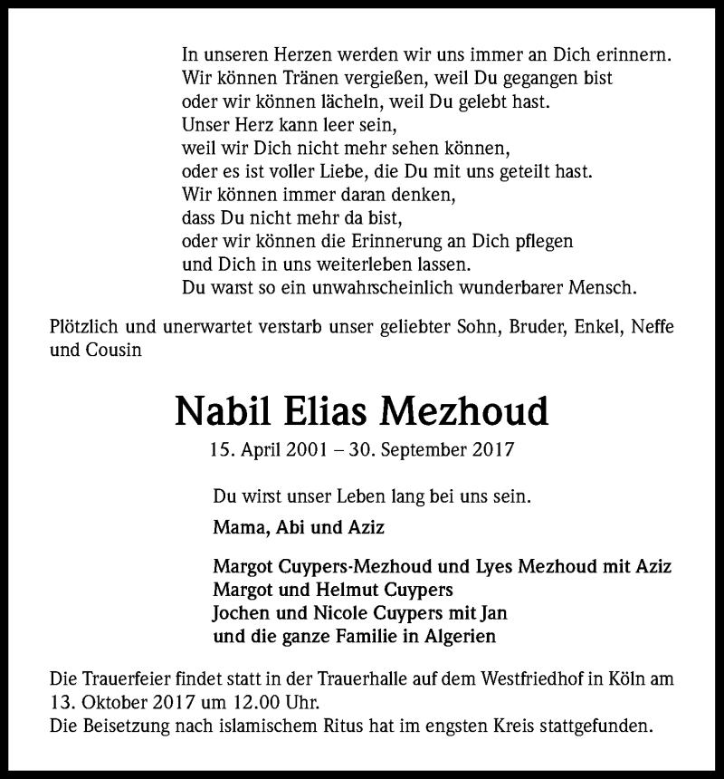 Traueranzeige für Nabil Elias Mezhoud vom 07.10.2017 aus Kölner Stadt-Anzeiger / Kölnische Rundschau / Express