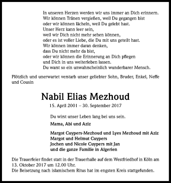 Anzeige von Nabil Elias Mezhoud von Kölner Stadt-Anzeiger / Kölnische Rundschau / Express