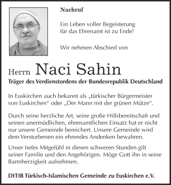 Anzeige von Naci Sahin von  Blickpunkt Euskirchen 
