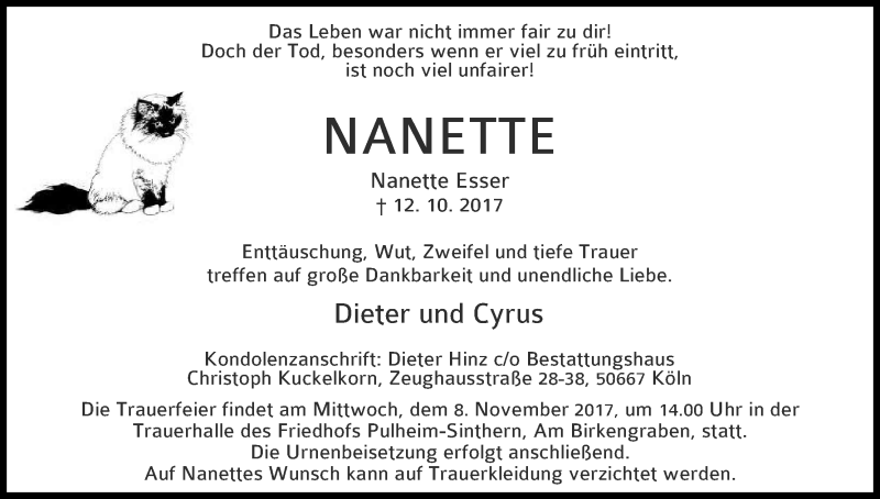  Traueranzeige für Nanette Esser vom 28.10.2017 aus Kölner Stadt-Anzeiger / Kölnische Rundschau / Express