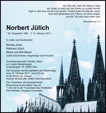 Anzeige von Norbert Jülich von Kölner Stadt-Anzeiger / Kölnische Rundschau / Express